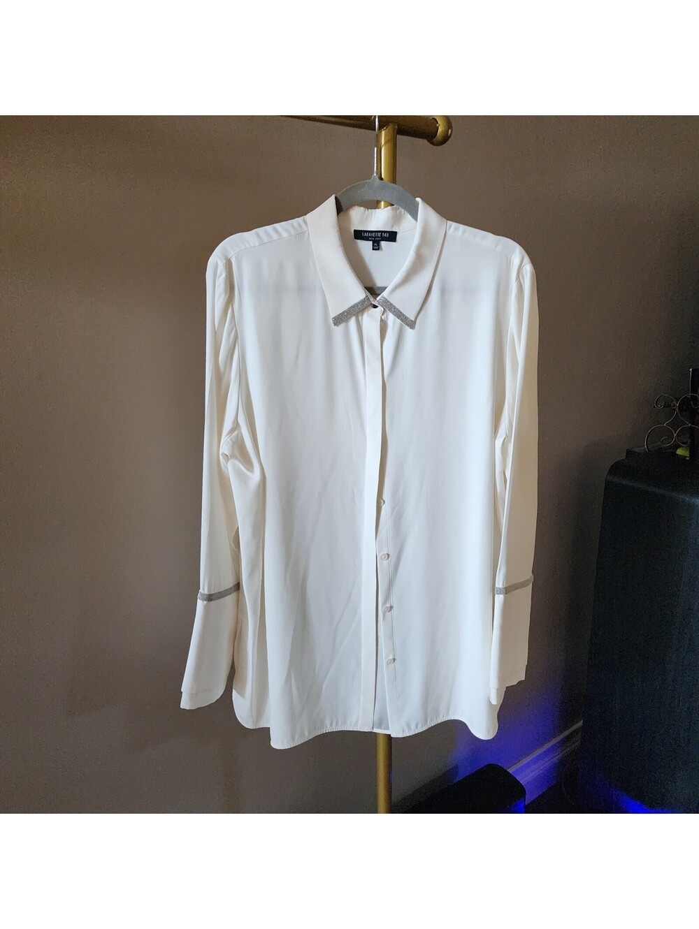 Lafayette 148 New York Cream Silk Blouse with Silver Trim XL